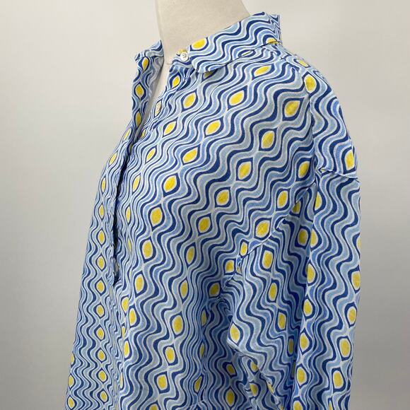 J McLaughlin Fallon Linen Blouse Long Sleeve Costa Key Print Blue Womens Medium - Picture 5 of 11